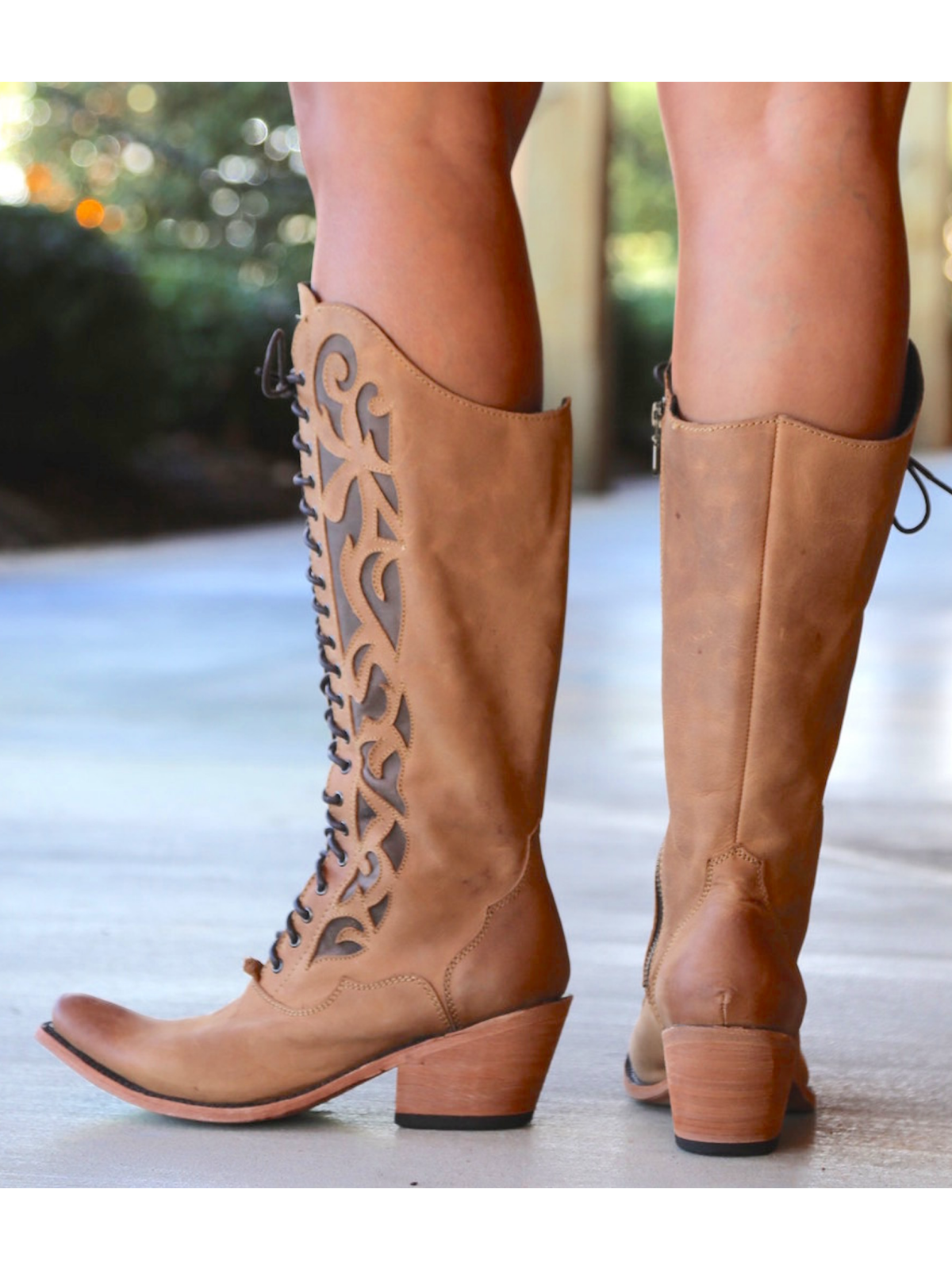 Tan Square-Toe Inlay Lace Up Mid Calf Cowgirl Boots