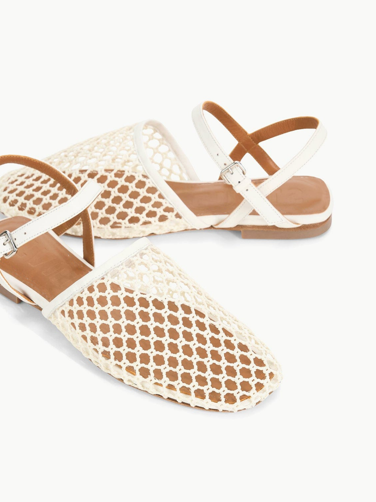 White Netting Square Toe Flats Sandals With Ankle Strap