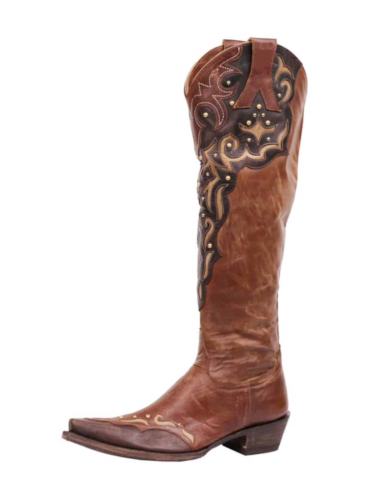 Brown Snip-Toe Half-Zip Embroidery Studded Inlay Applique Tall Knee High Cowgirl Boots