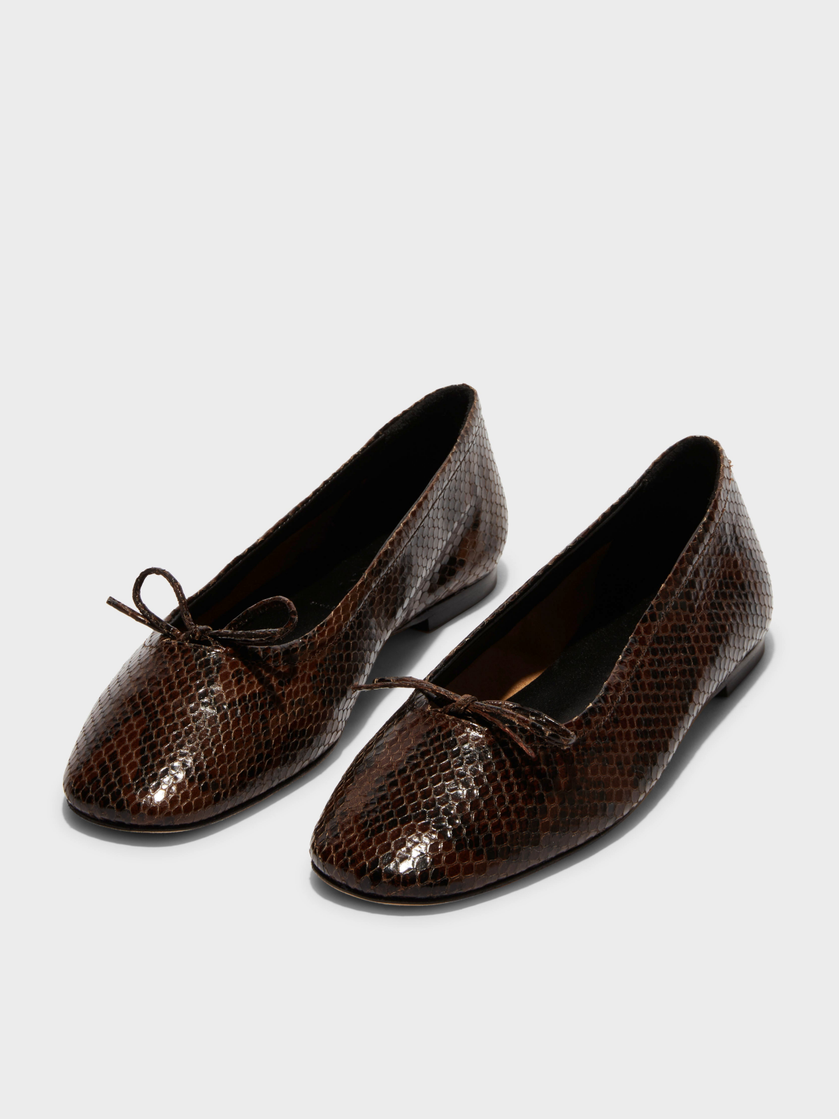 Moka Snakeskin Square-Toe Ballet Flats Bow