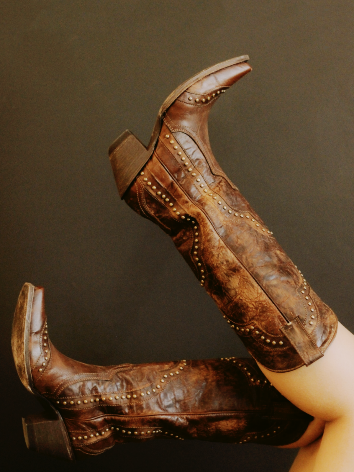 Brown Distressed Stitch Studded Snip-Toe Wide Mid Calf Cowgirl Tall Boots