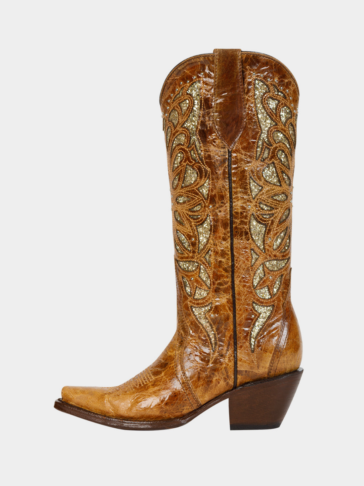 Distressed Honey Snip-Toe Studded Embroidery Glitter Inlay Wide Mid Calf Tall Cowgirl Boots