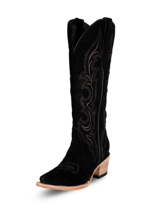 Black Faux Suede Snip-Toe Classic Embroidery Wide Mid Calf Tall Western Boots