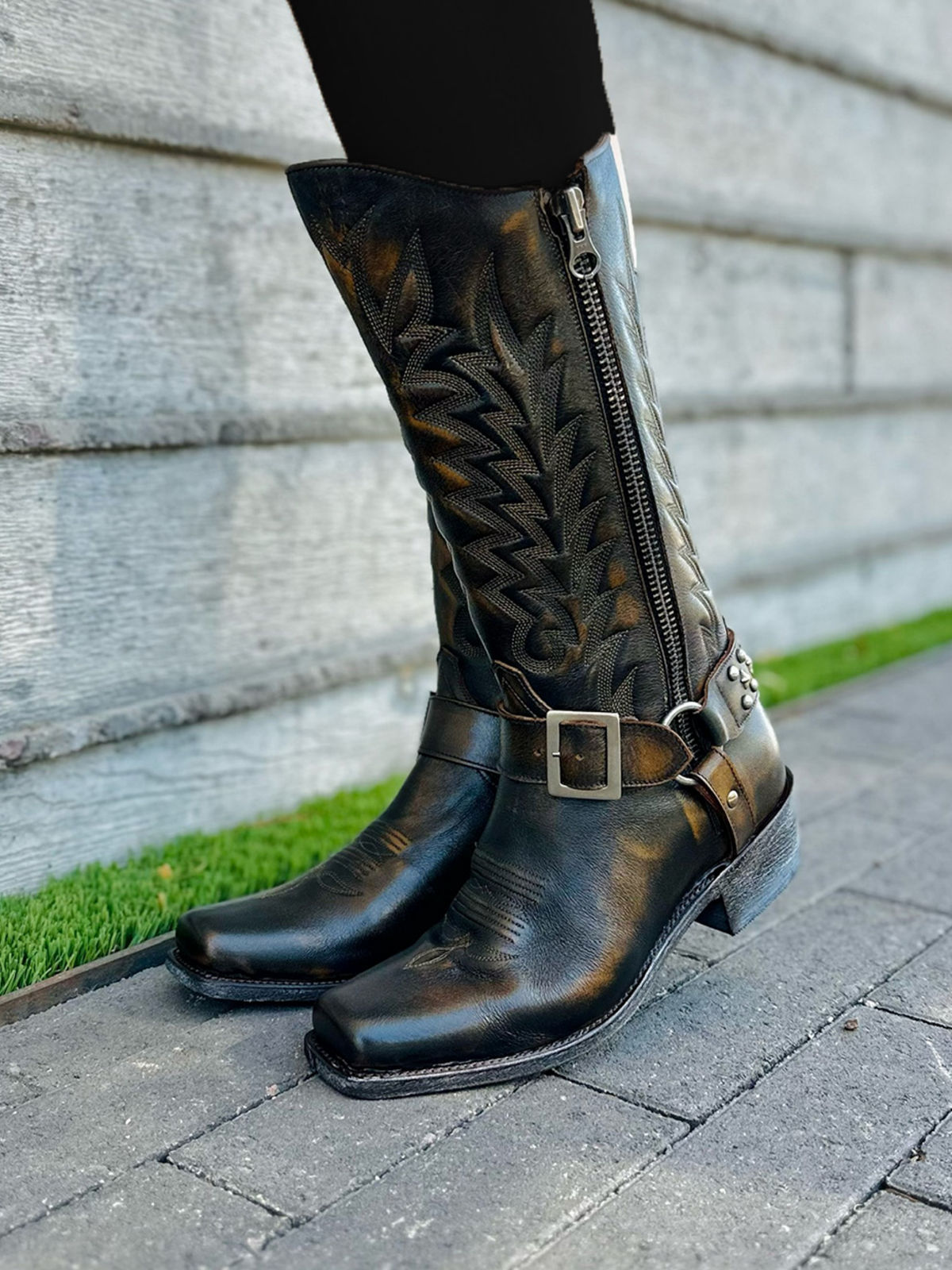 Dark Brown Square-Toe Full-Zip Studded Buckle Mid Calf Cowgirl Boots