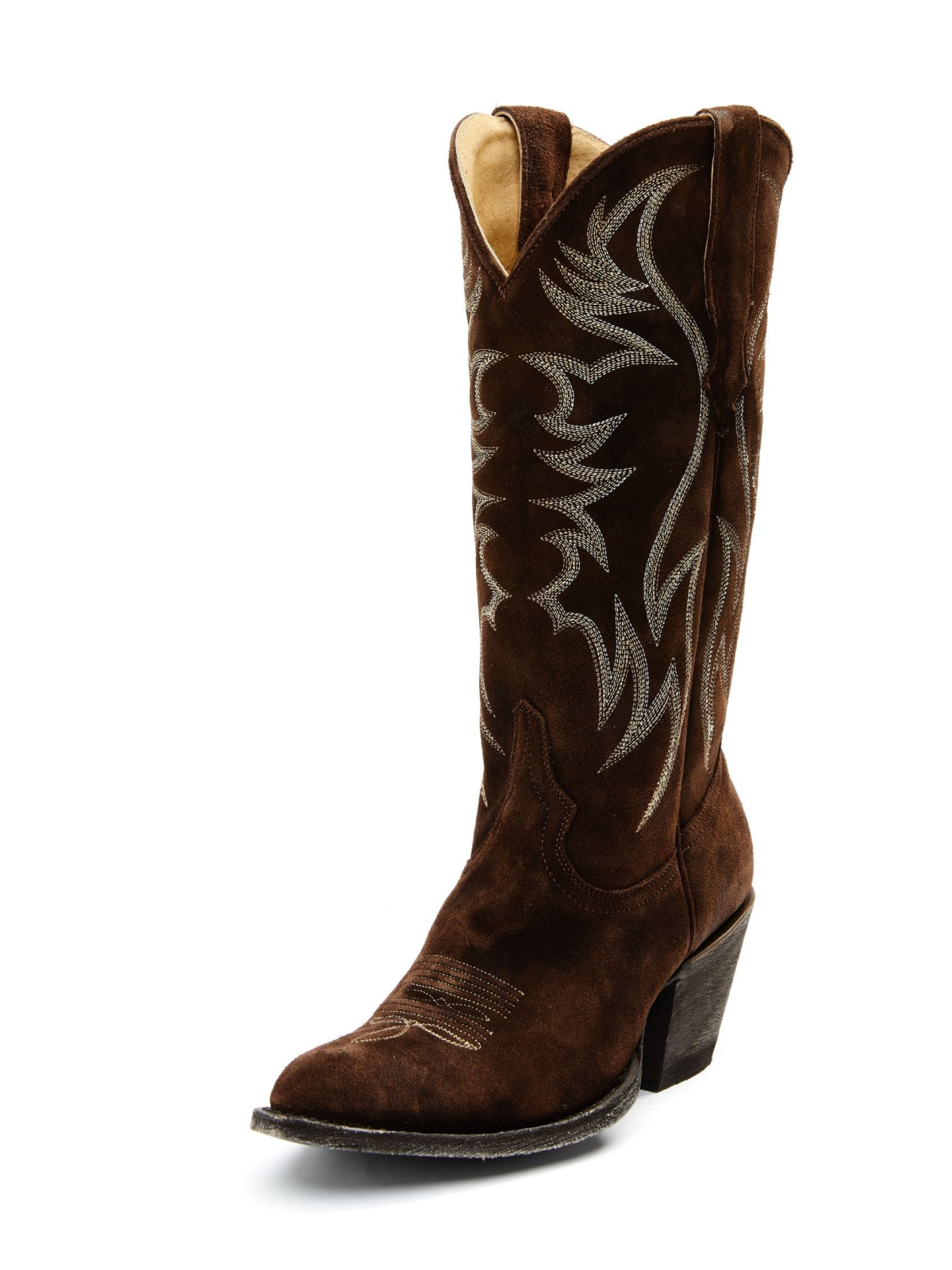 Faux Suede Wings Embroidery Pointed-Toe Wide Mid Calf Tall Cowgirl Boots - Brown