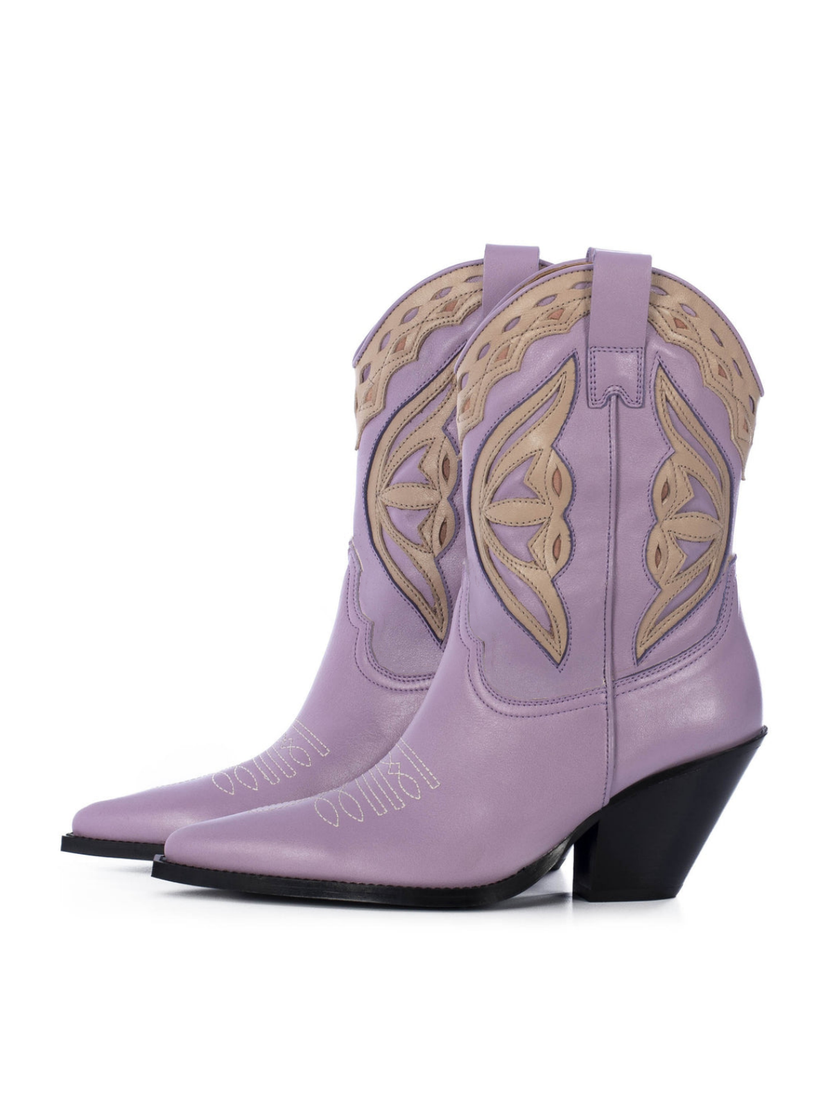 Lilac Purple Pointed-Toe Bone Inlay Applique Wide Mid Calf Cowgirl Boots