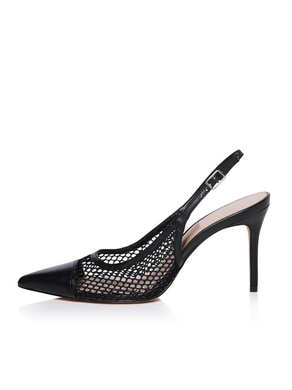 Black Buckle Pointed-Toe Stiletto Heel Slingback Pumps in Mesh & Vegan Leather