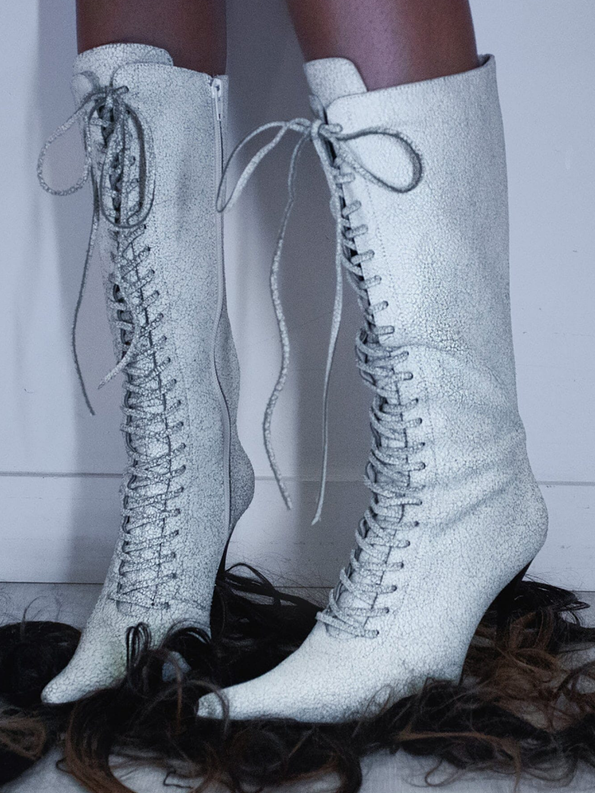 Distressed Ivory Pointed-Toe Lace-Up Full-Zip Mid Calf Stiletto Boots