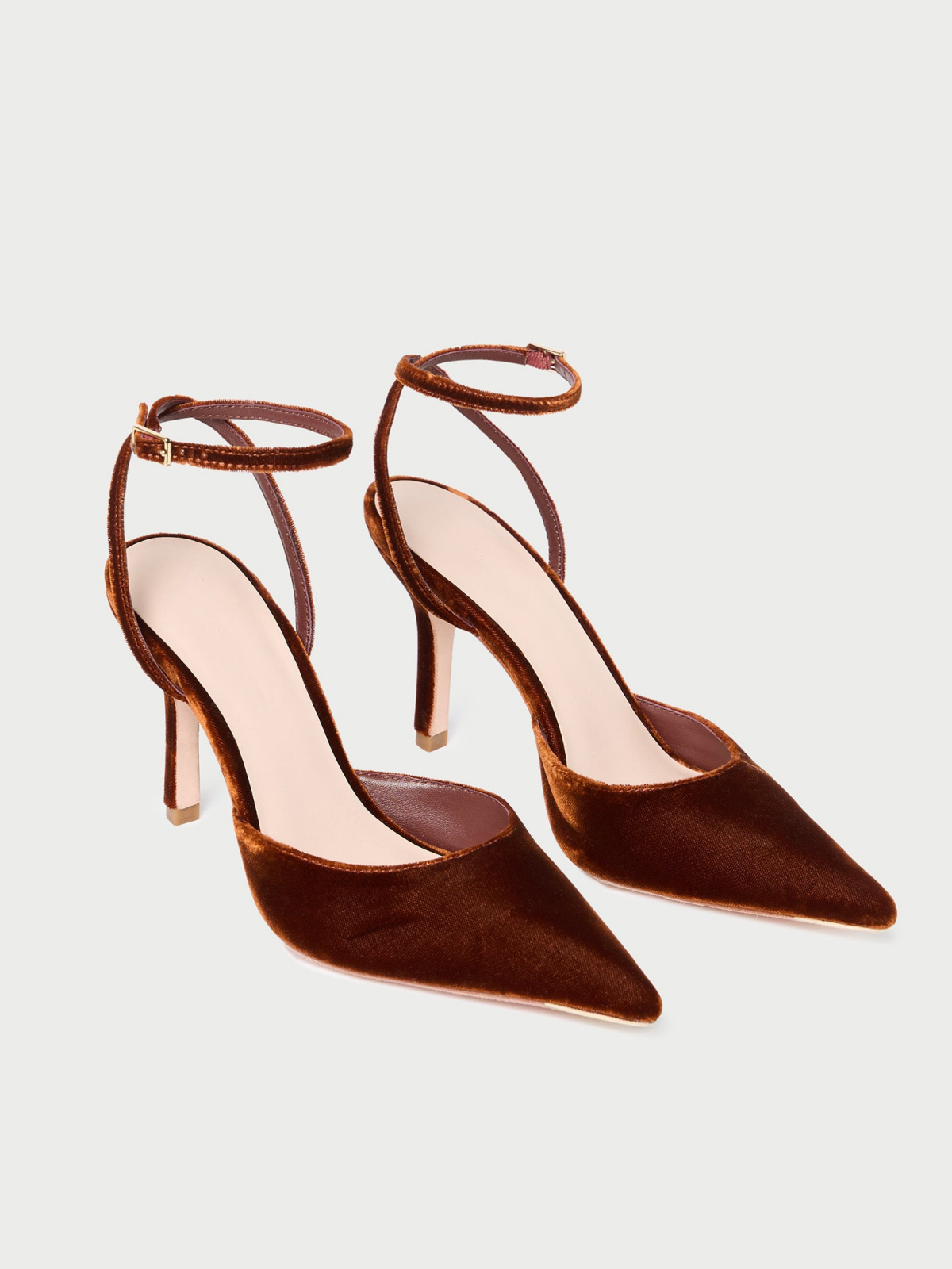 Brown Velvet Pointed-Toe Pump High Heels With Adjustable Buckle Ankle Strap