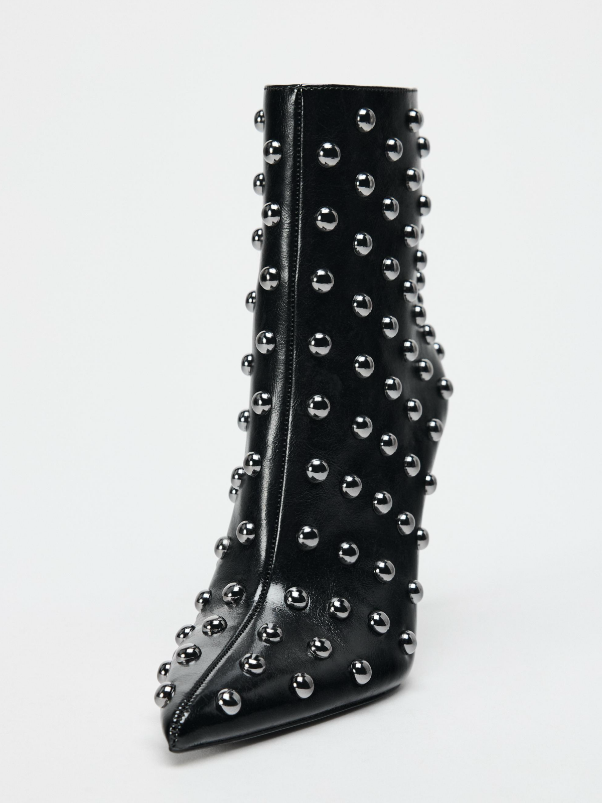 Black Pointed-Toe Studded Full-Zip Stiletto Ankle Booties