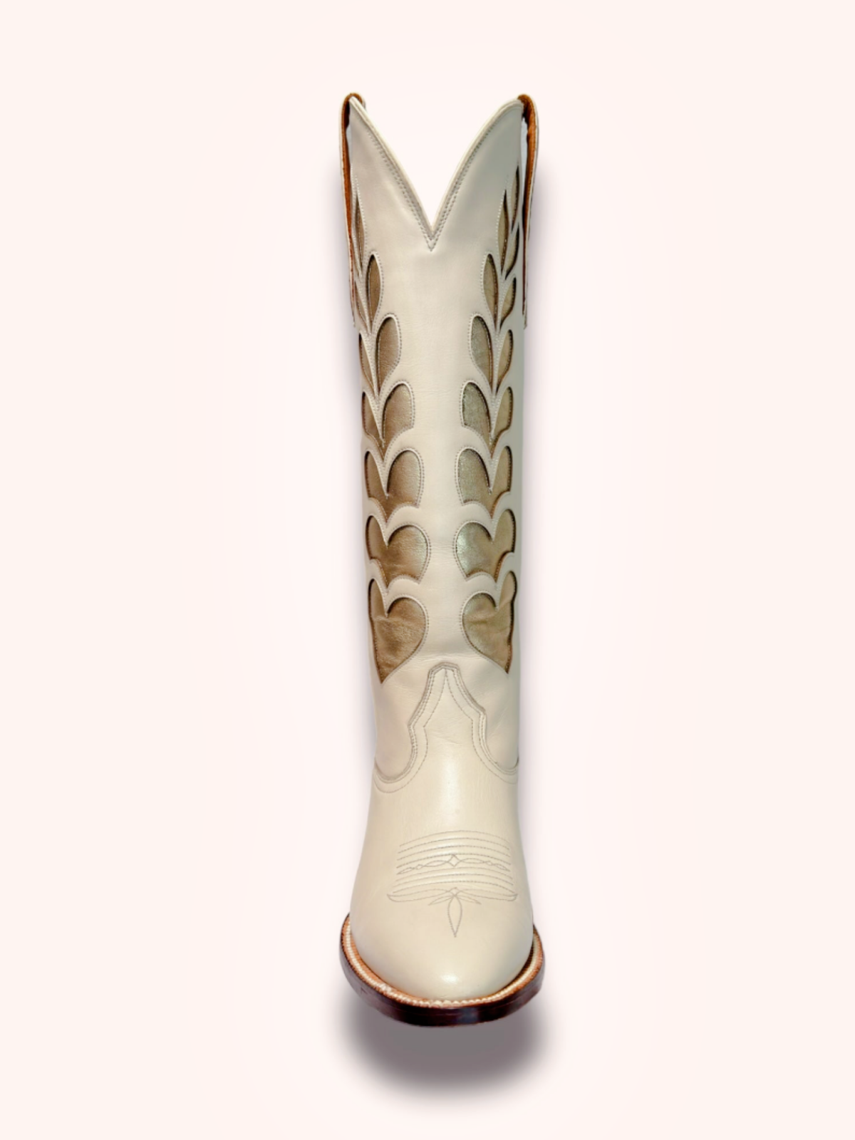 Metallic Heart Inaly And Applique Almond-Toe Wide Mid Calf Tall Cowgirl Boots - Bone