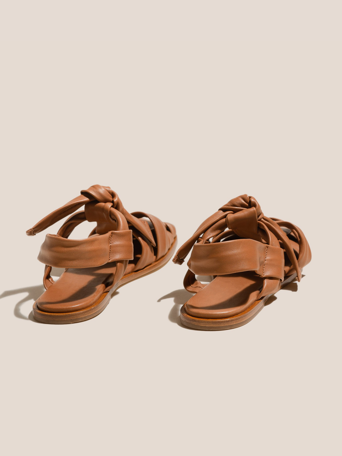 Tawny Interwoven Square-Toe Flats Sandals With T-Strap Knotted Bow