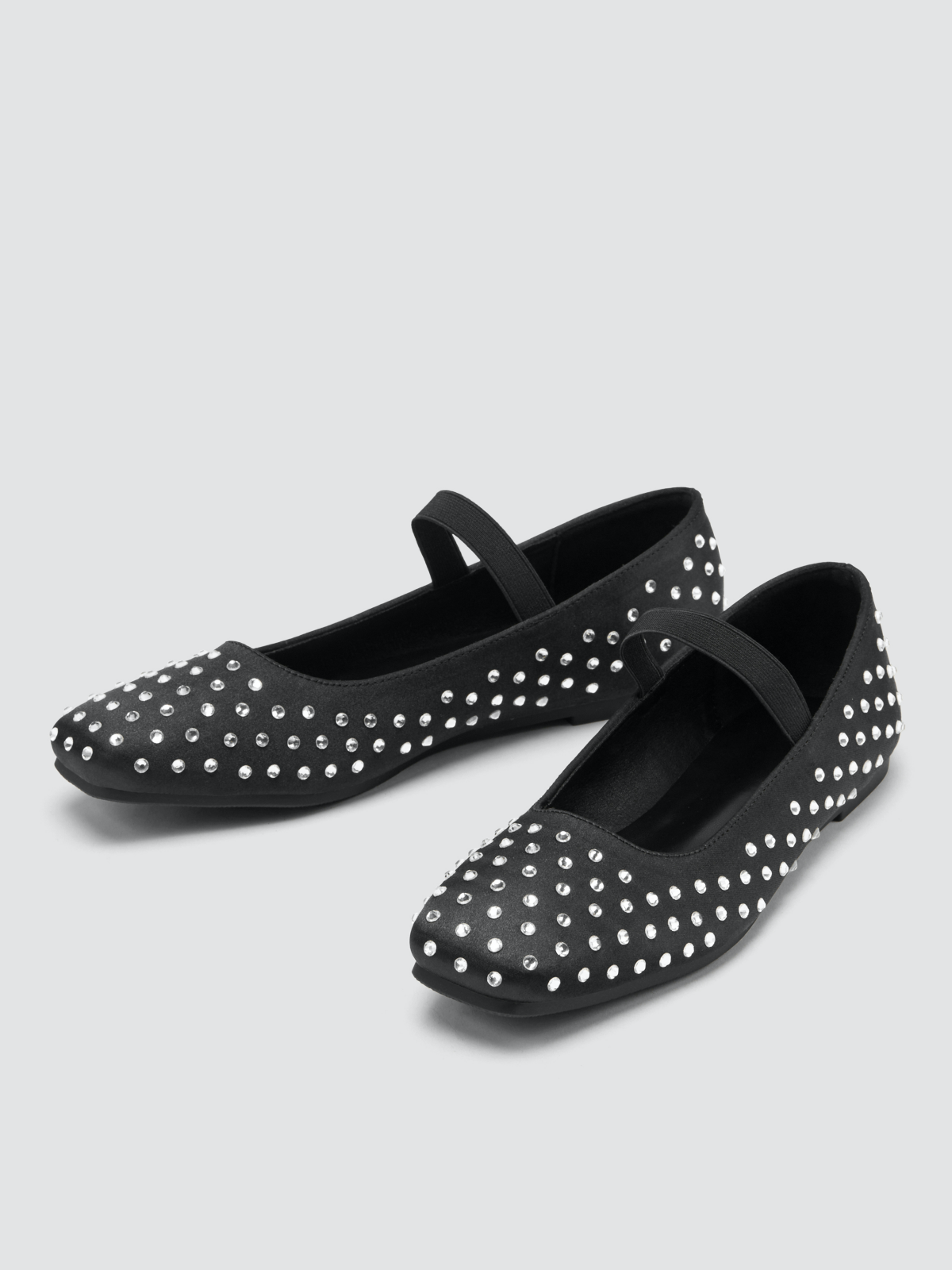 Black Satin Rhinestone Square-Toe Ballet Flats Mary Janes With Elastic Strap