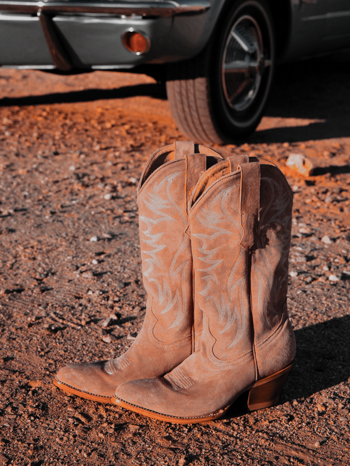 Faux Suede Wings Embroidery Pointed-Toe Wide Mid Calf Tall Cowgirl Boots - Blush Pink