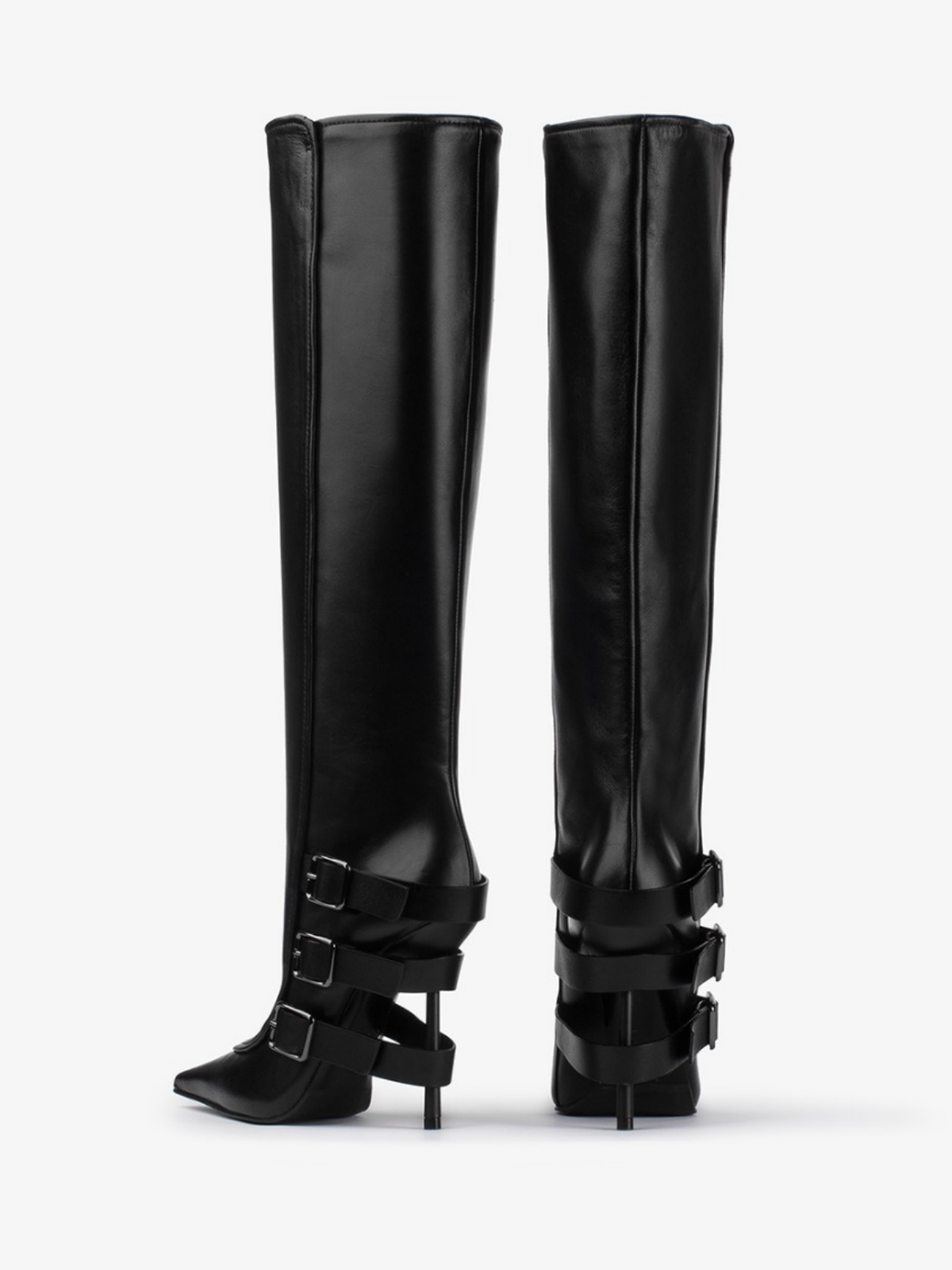 Black Pointed-Toe Wide Mid Calf Stiletto Boots With Buckles