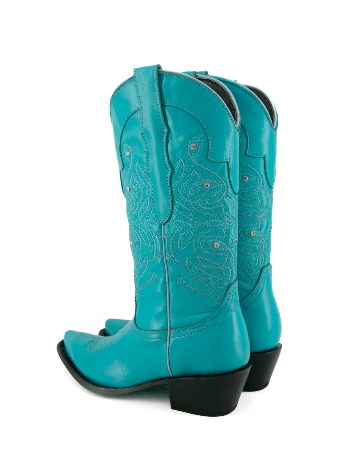 Turquoise Snip-Toe Embroidery Rhinestone Wide Mid Calf Tall Cowgirl Boots