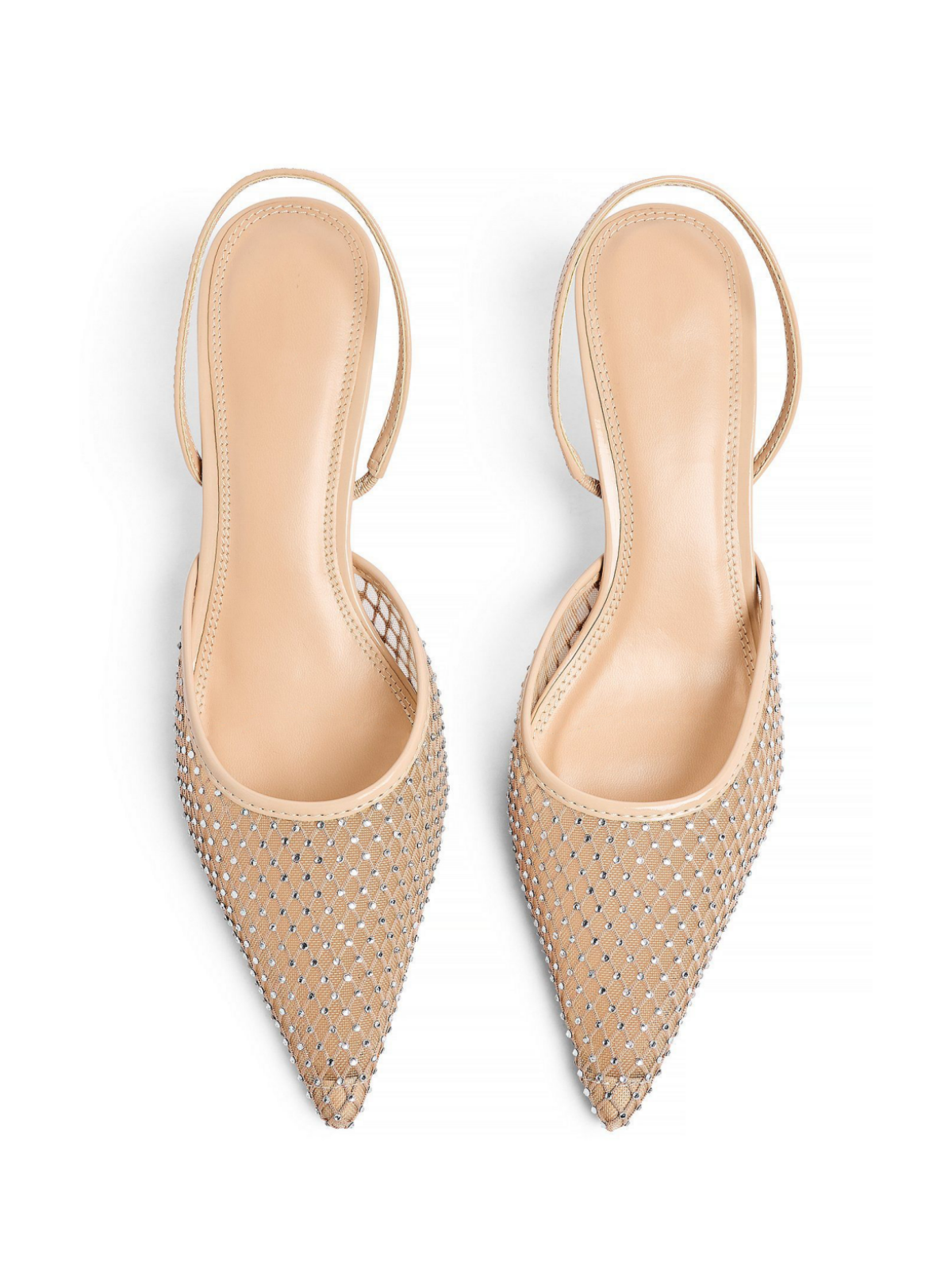 Beige Rhinestone Mesh Pointed-Toe Slingback Pump Kitten Heels