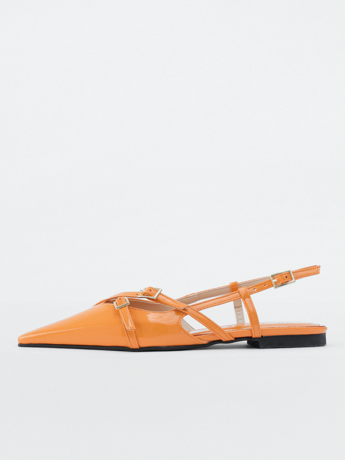 Orange Patent Buckle Detailed Pointy-Toe Ballet Flats Slingbacks