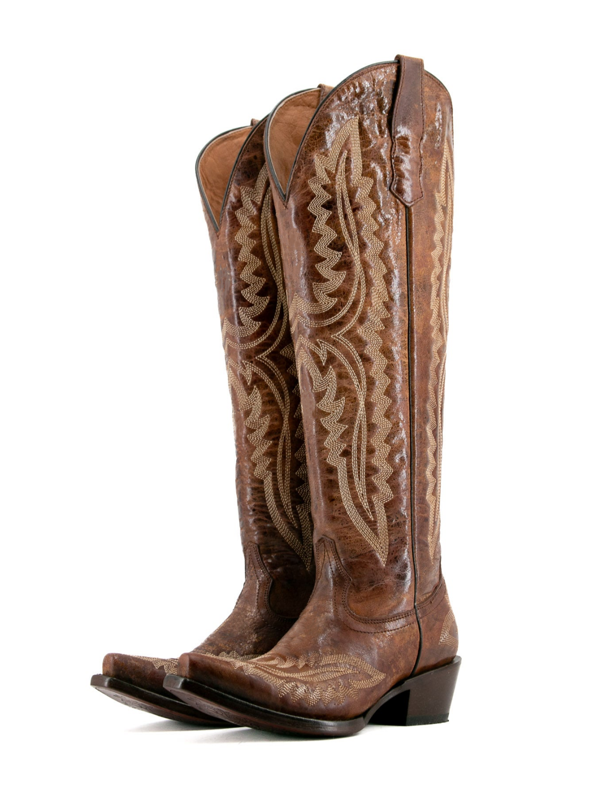 Distressed Brown Classic Embroidery Snip-Toe Half-Zip Western Knee High Tall Boots