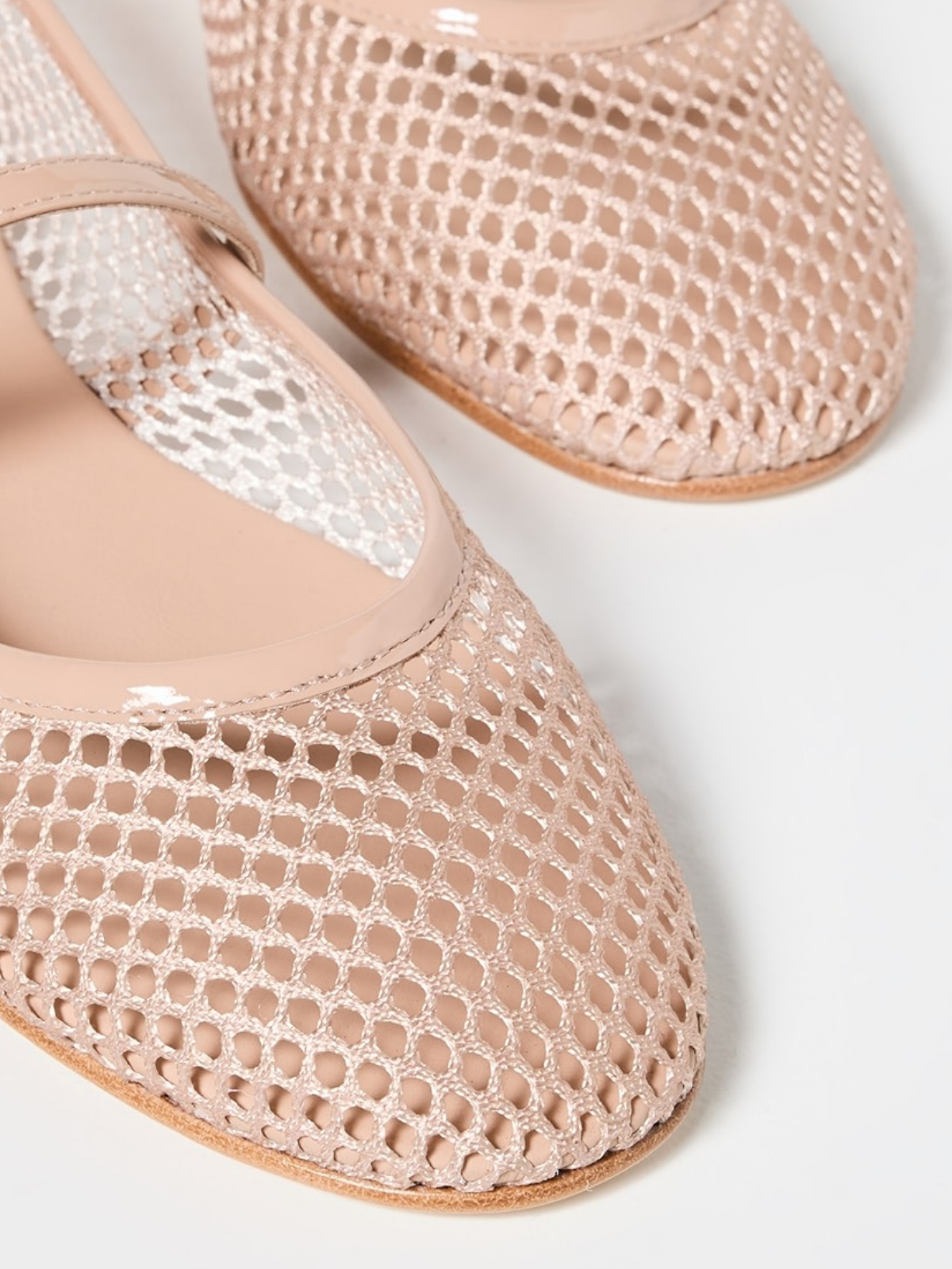 Blush Beige Fishnet Ballet Flats Mary Janes With Thin Buckle Strap