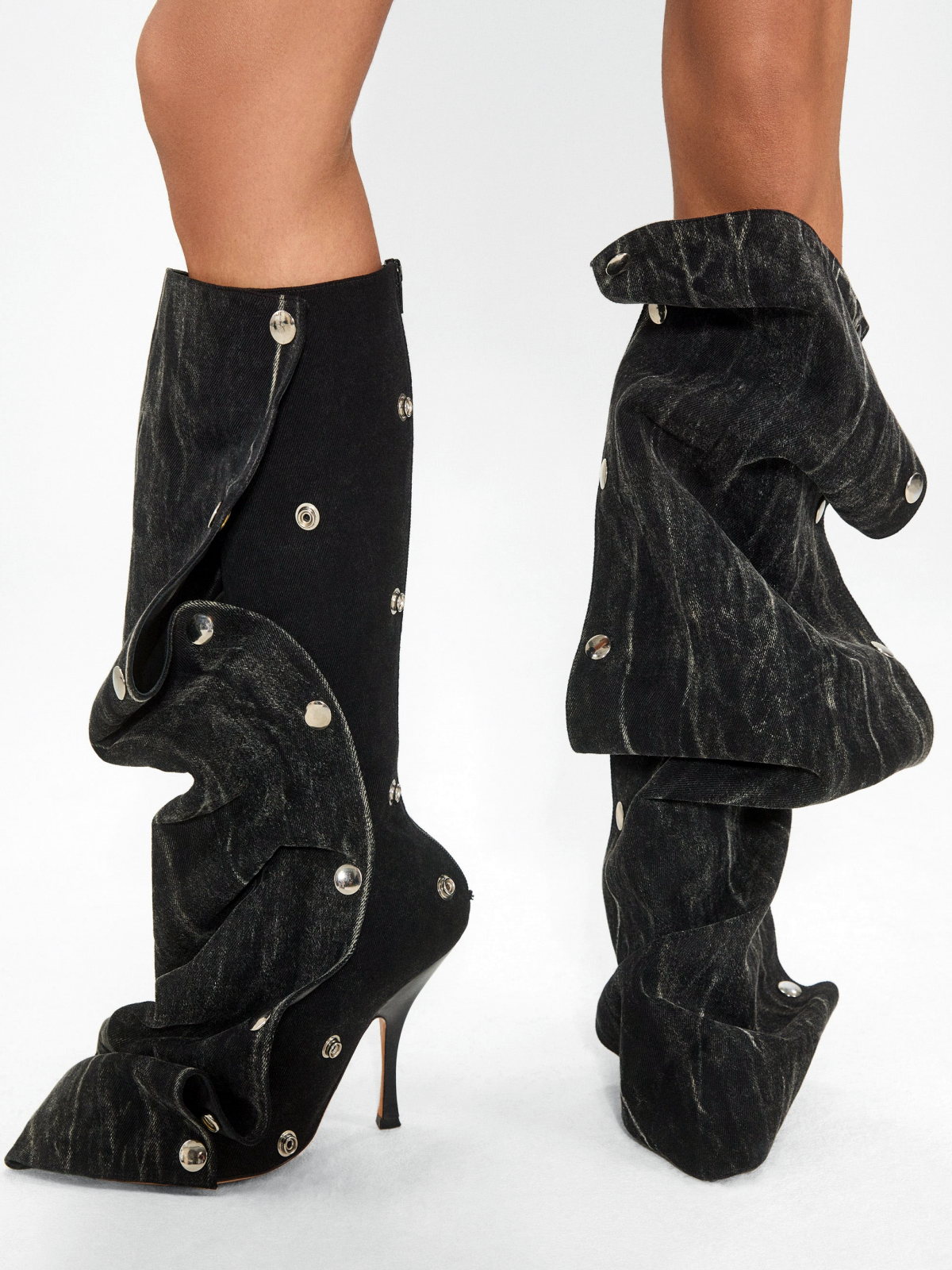 Black Denim Pointed-Toe Detachable Snap Panel Full-Zip Mid Calf Stiletto Boots