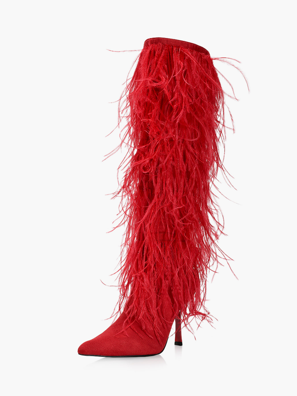 Faux Suede Pointed-Toe Faux Feather Wide Mid Calf Stiletto Boots - Red