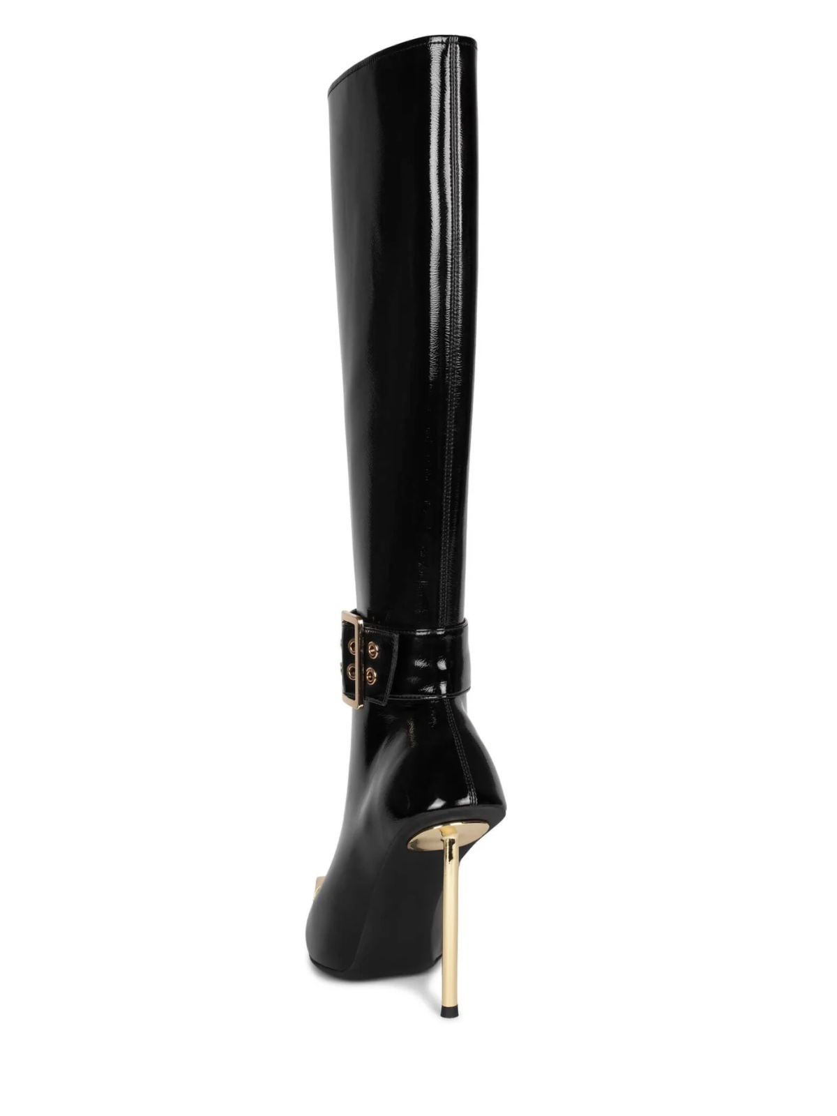 Patent Black Pointed-Toe Silver Toe Full-Zip Tall Knee High Stiletto Boots With Buckle