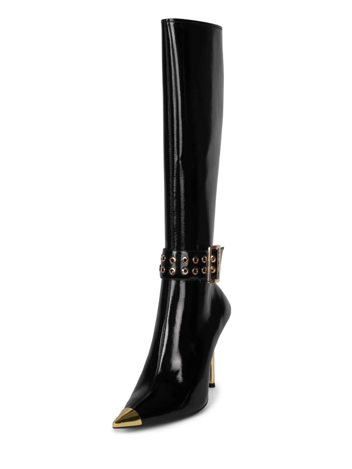 Patent Black Pointed-Toe Silver Toe Full-Zip Tall Knee High Stiletto Boots With Buckle