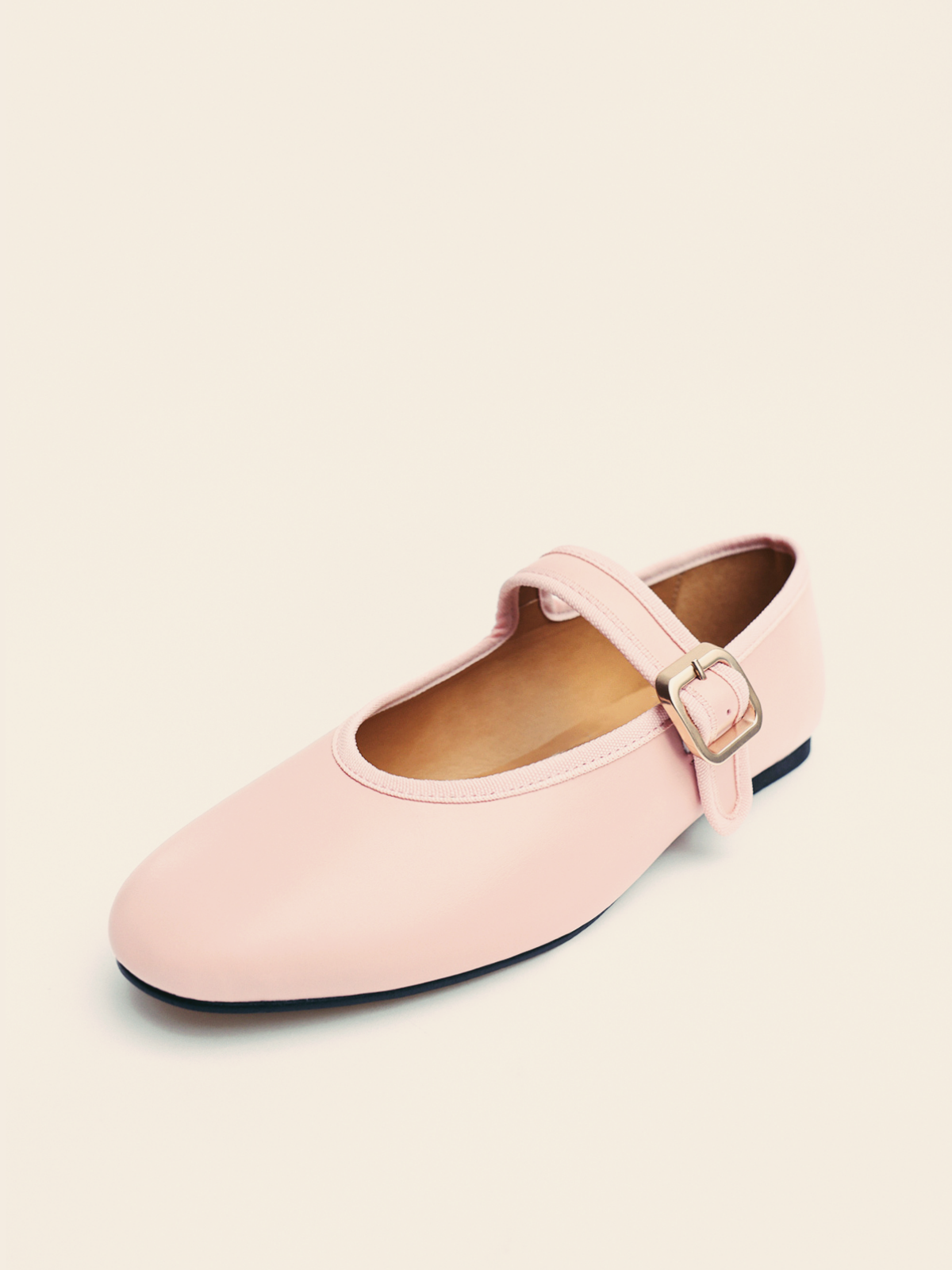 Pink Buckled Detailed Oval Ballet Flats Mary Janes With Wide Strap