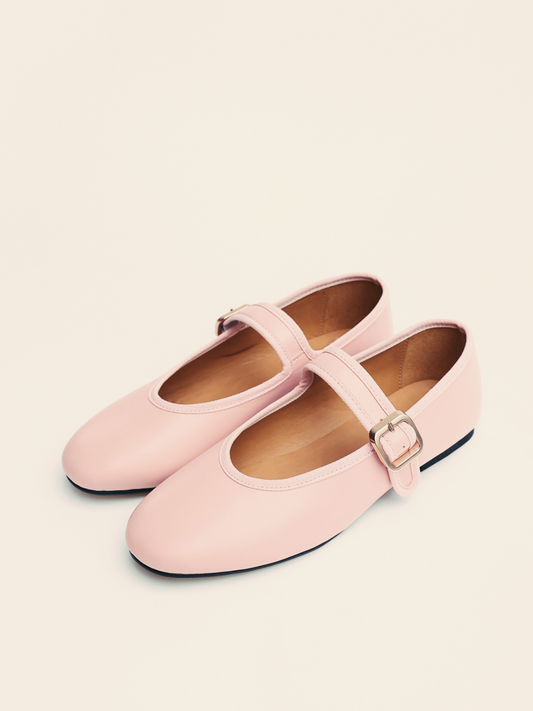 Pink Buckled Detailed Oval Ballet Flats Mary Janes With Wide Strap