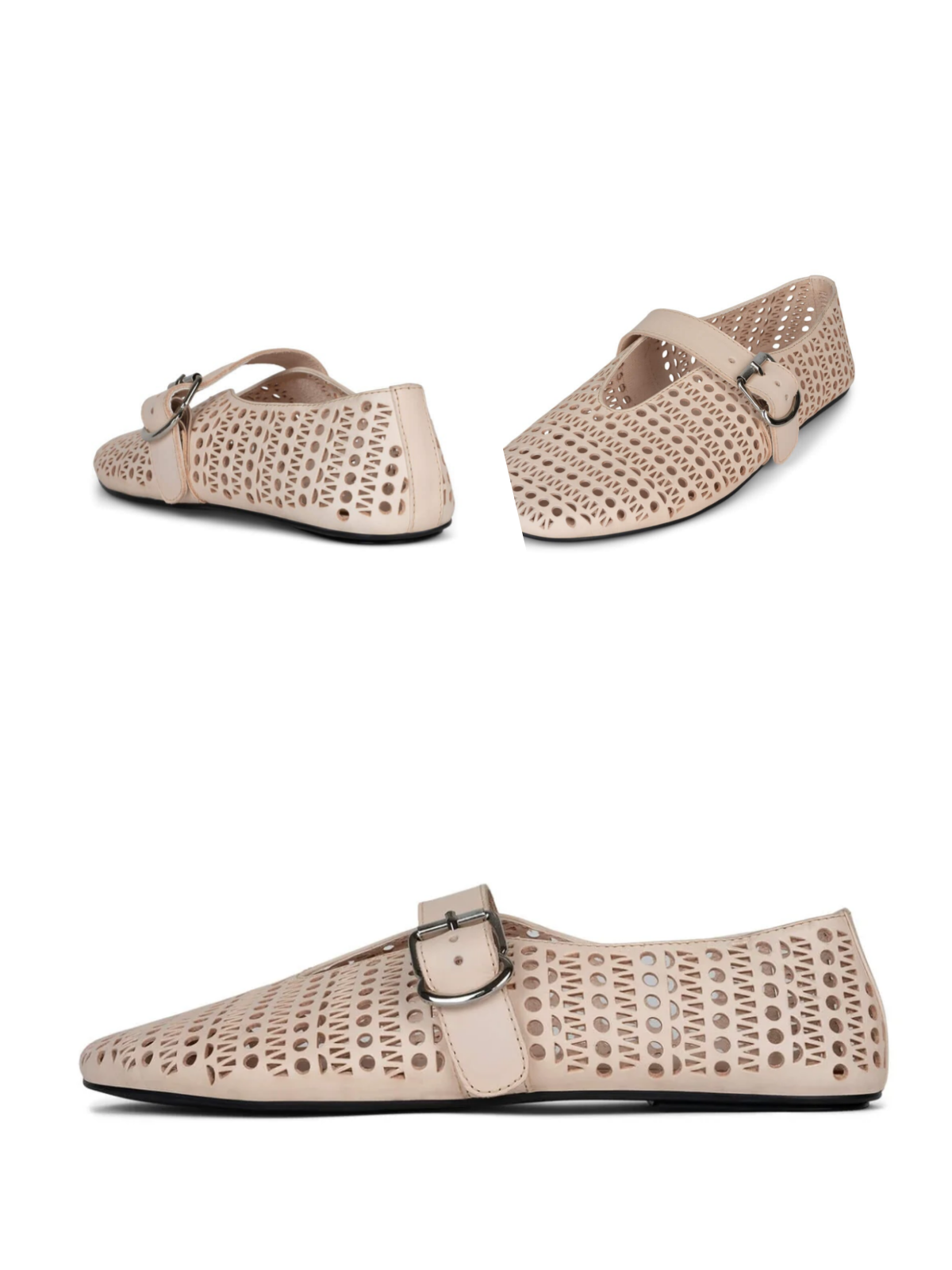 Dusty Beige Perforated Flats Cutout Mary Janes With Buckled Strap