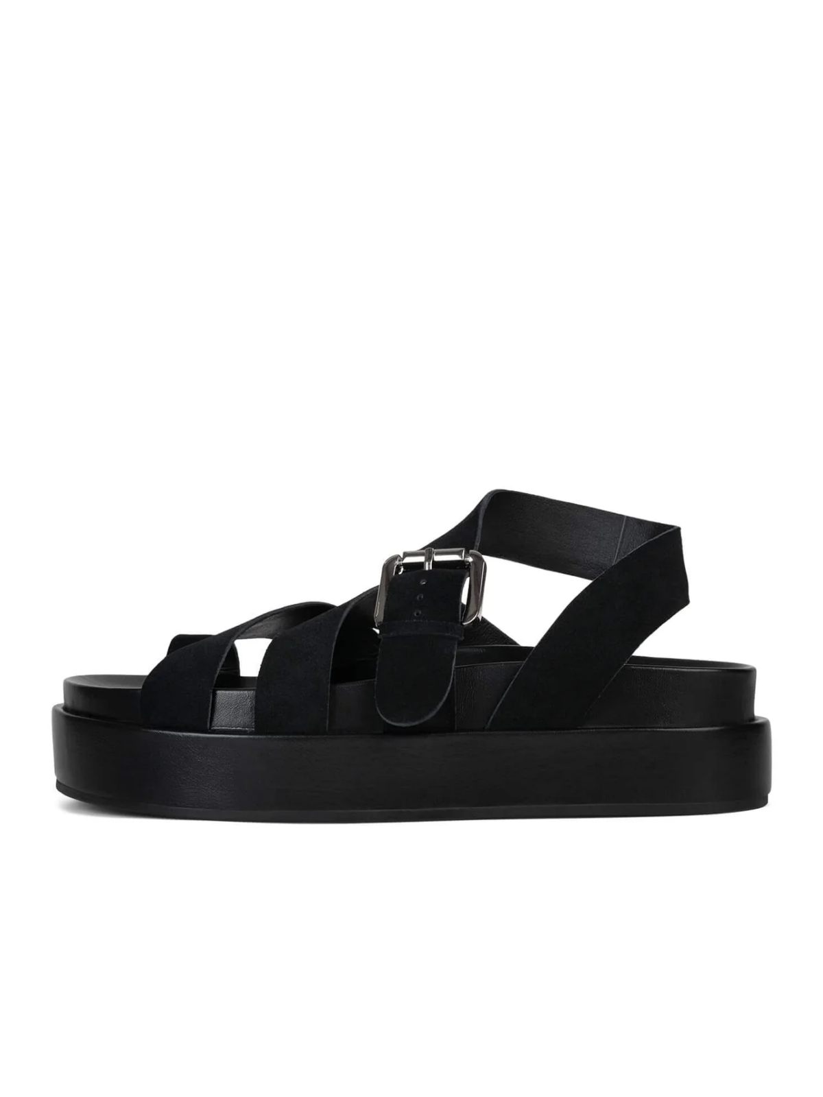 Black Faux Suede Loop-Toe Adjustable Buckle Strappy Sandals