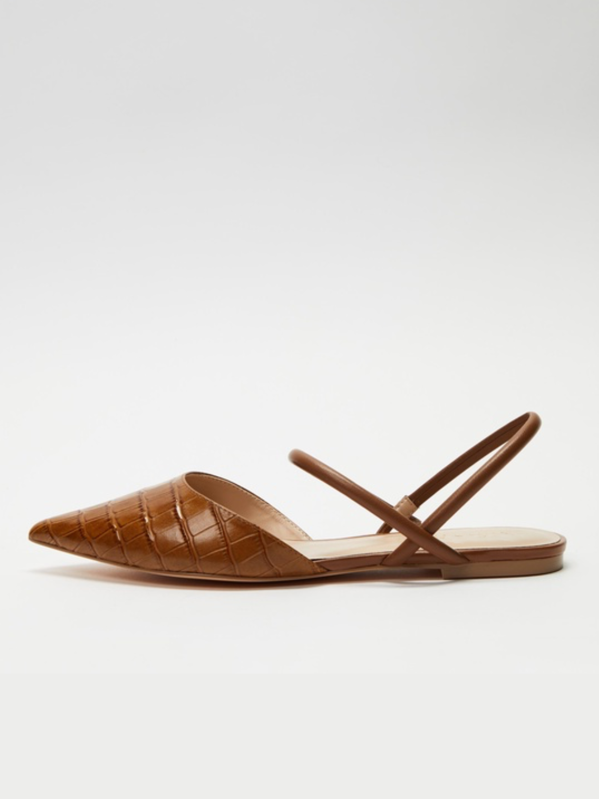 Brown Crocodile Embossed Pointed-Toe Flats With Double Straps