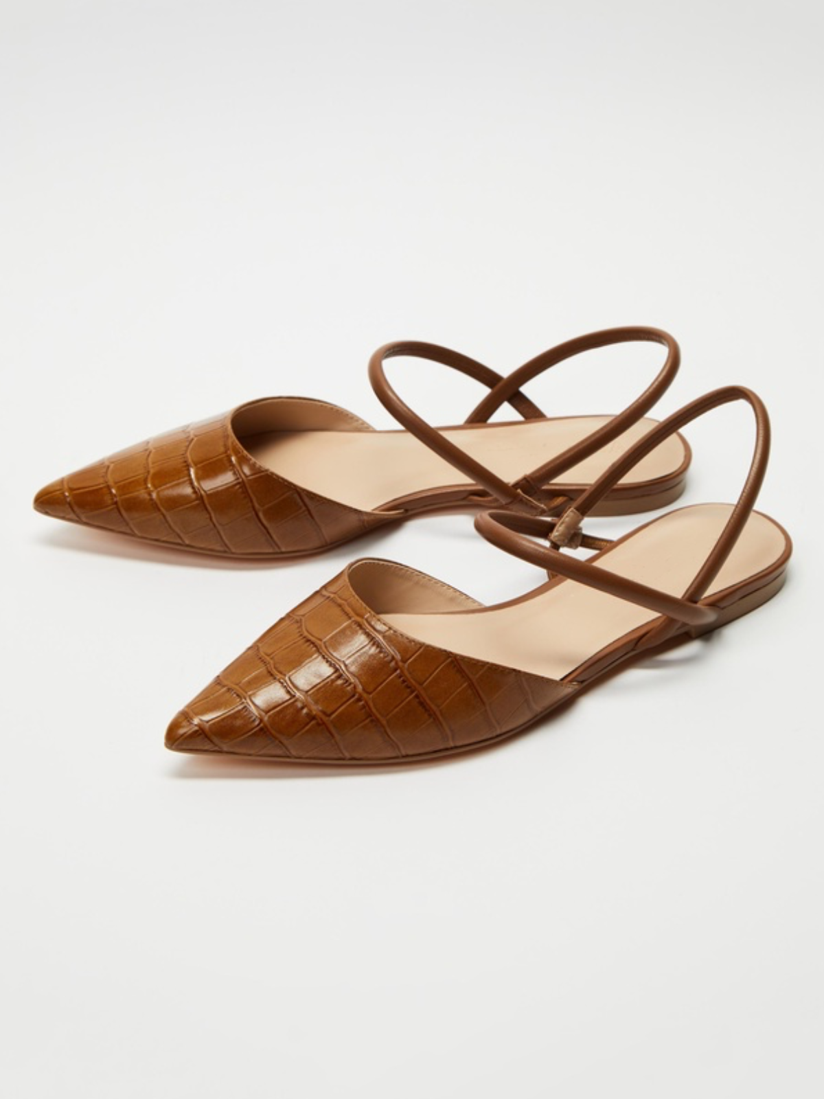 Brown Crocodile Embossed Pointed-Toe Flats With Double Straps