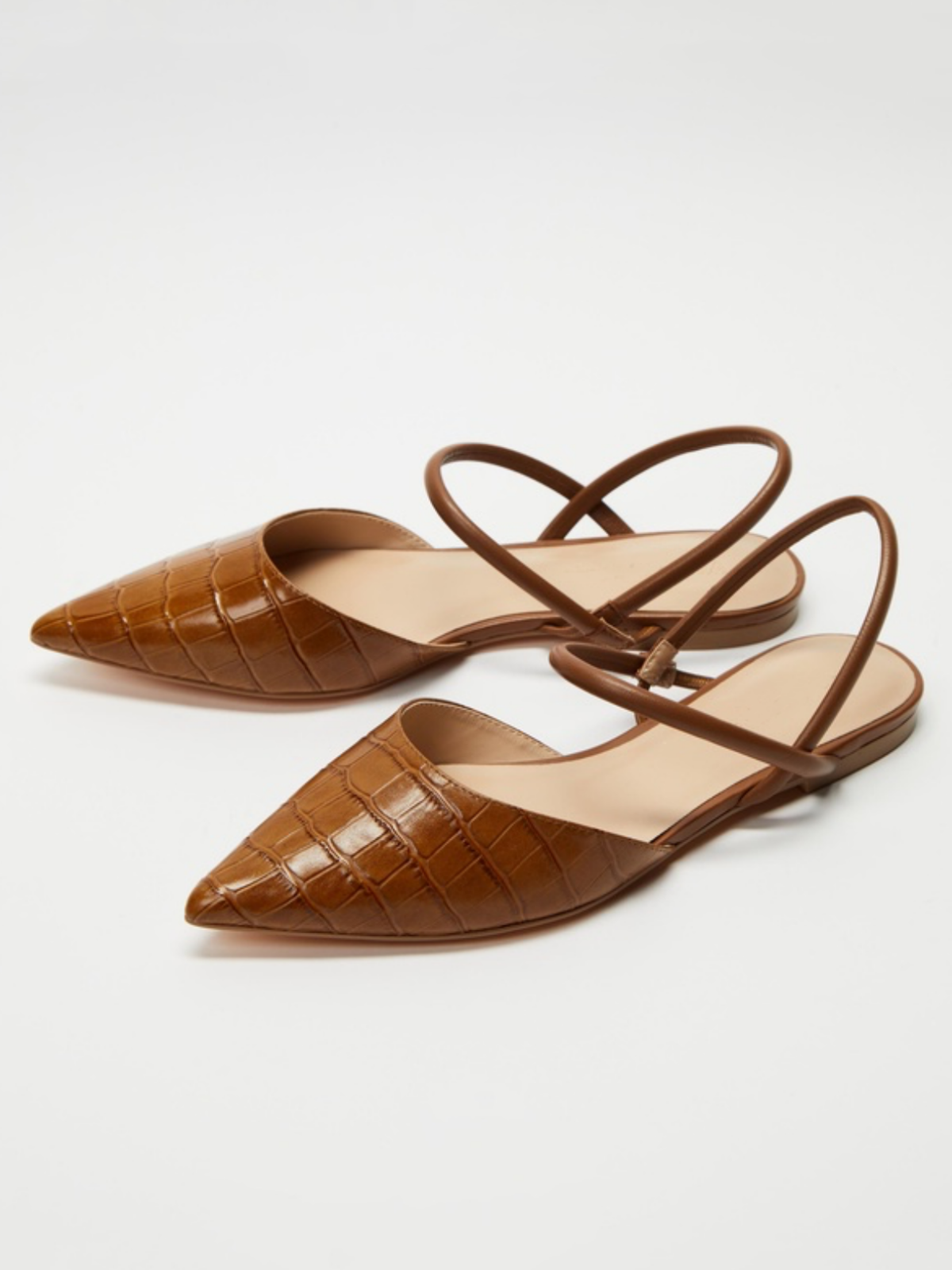 Brown Crocodile Embossed Pointed-Toe Flats With Double Straps