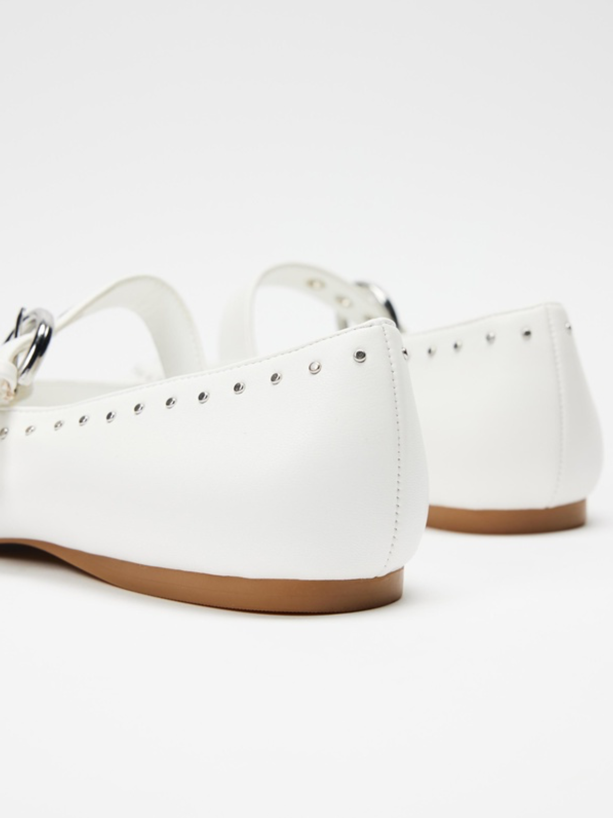 White Studded Square-Toe Mary Jane Ballet Flats With Grommet Eyelet Buckled Strap