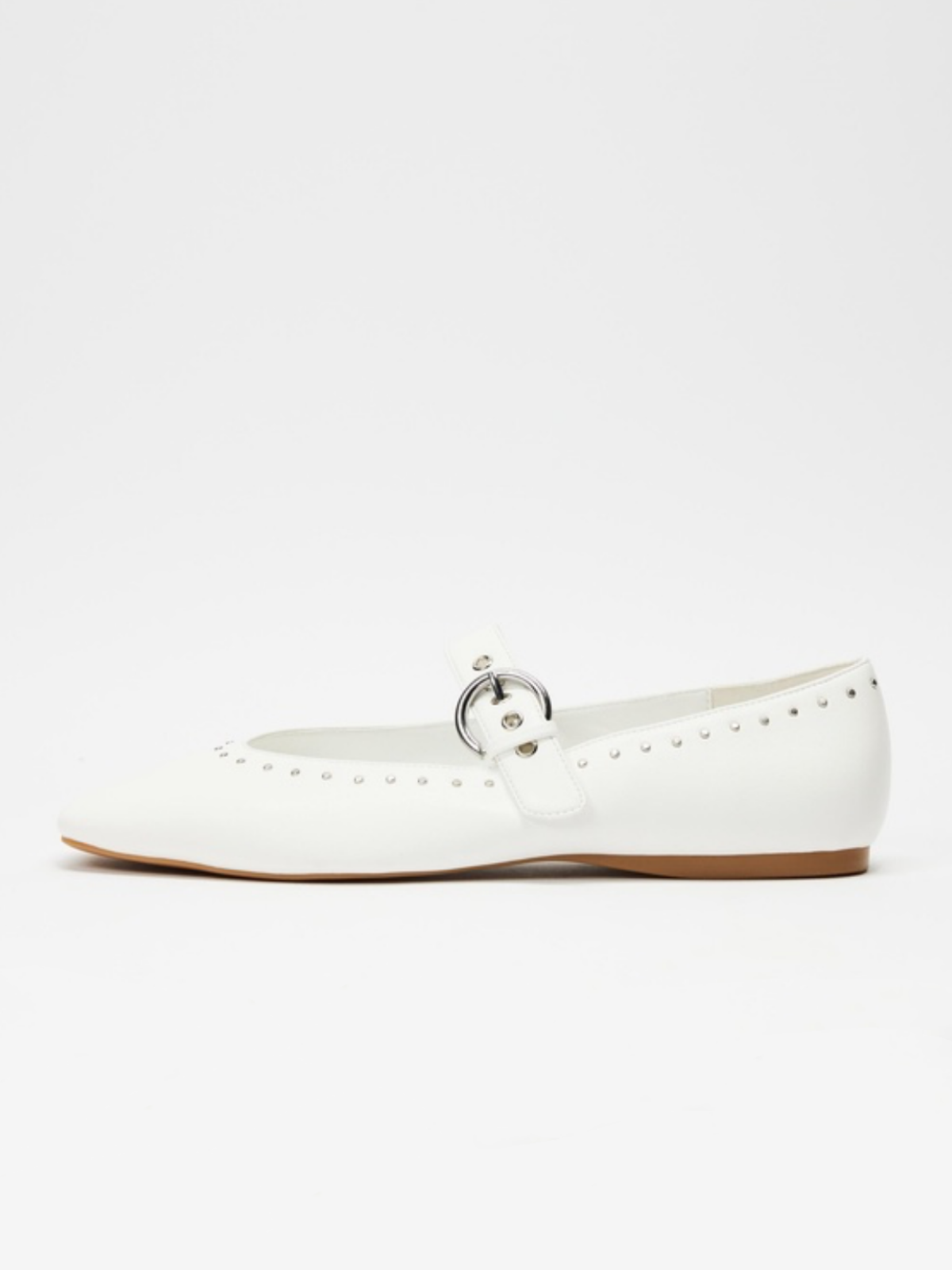 White Studded Square-Toe Mary Jane Ballet Flats With Grommet Eyelet Buckled Strap