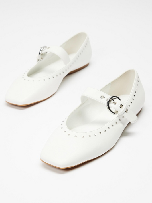 White Studded Square-Toe Mary Jane Ballet Flats With Grommet Eyelet Buckled Strap