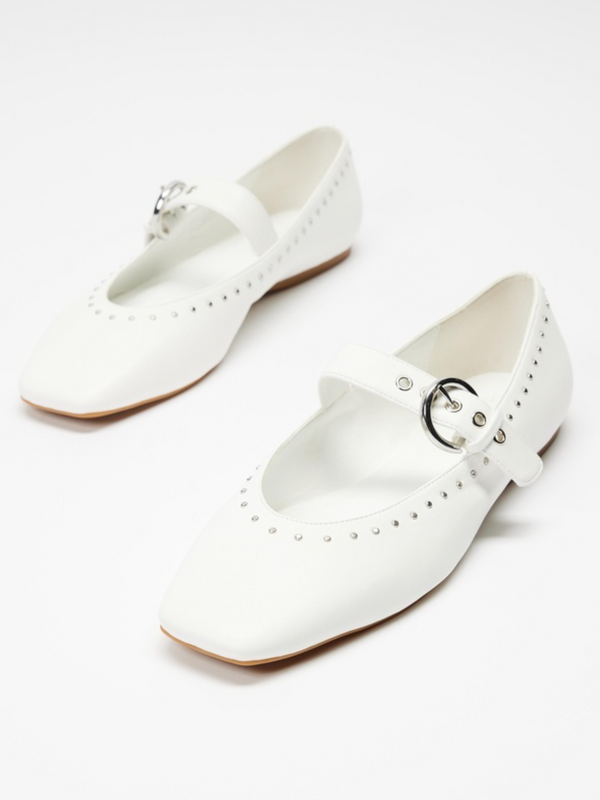 White Studded Square-Toe Mary Jane Ballet Flats With Grommet Eyelet Bu ...