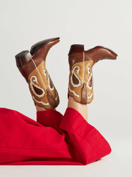 Contrast Brown And Tan Snip-Toe Chic Inlay Mid Calf Cowgirl Boots