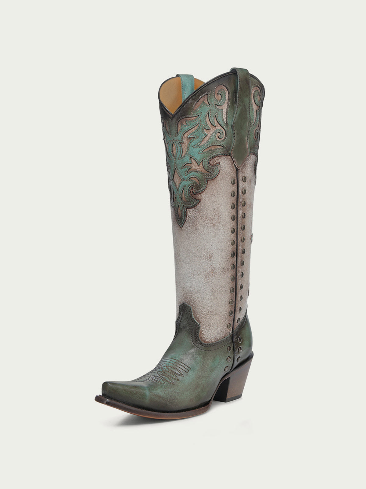 Distressed Turquoise And Bone Snip-Toe Applique And Side Studs Wide Calf Knee High Cowgirl Boots