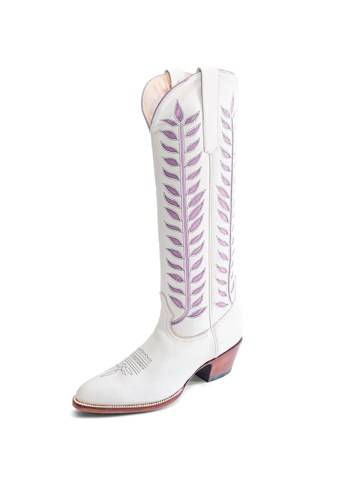 Almond-Toe Lavender Leaves Inlay Wide Calf Tall Knee High Cowgirl Boots - White