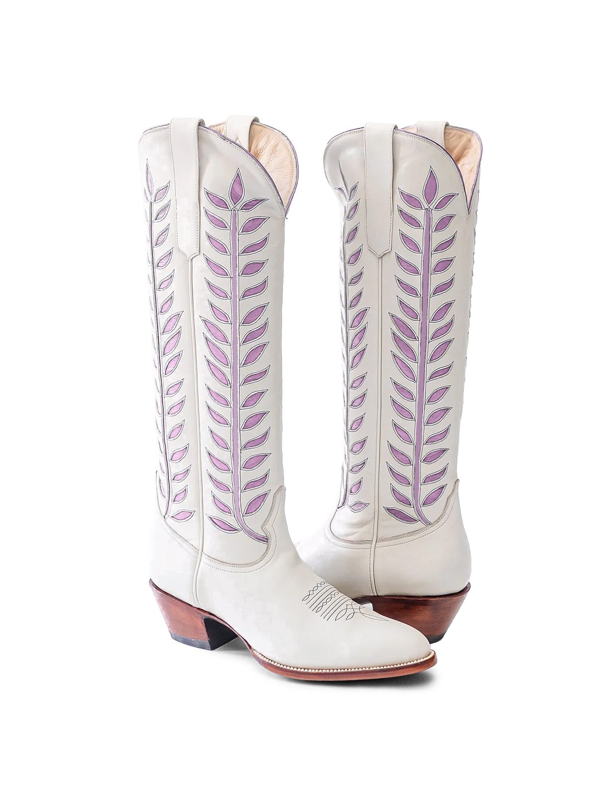 Almond-Toe Lavender Leaves Inlay Wide Calf Tall Knee High Cowgirl Boots - White