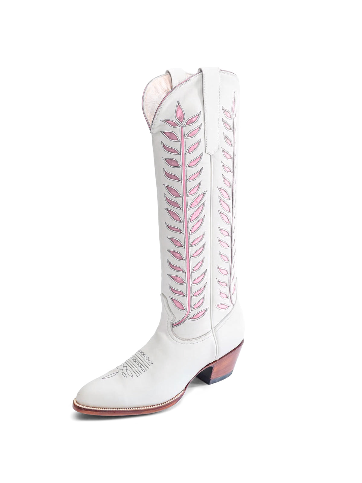 Almond-Toe Pink Leaves Inlay Wide Calf Tall Knee High Cowgirl Boots - White