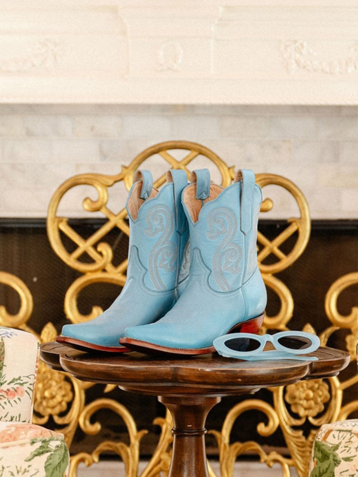 Blue Almond-Toe Embroidery Ankle Booties