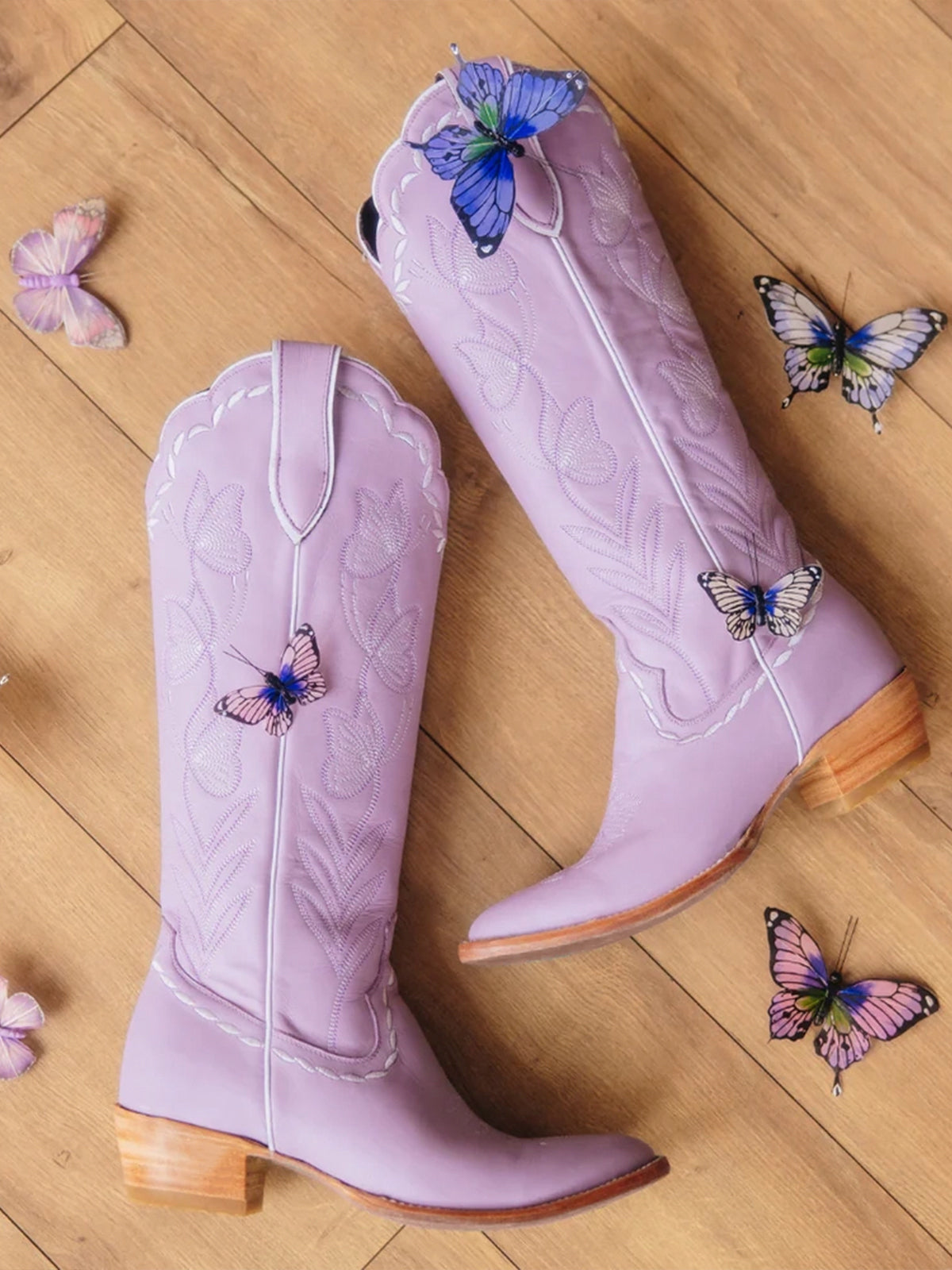 Almond-Toe Elegant Flowers Embroidery Knee High Half-Zip Cowgirl Boots - Lavender