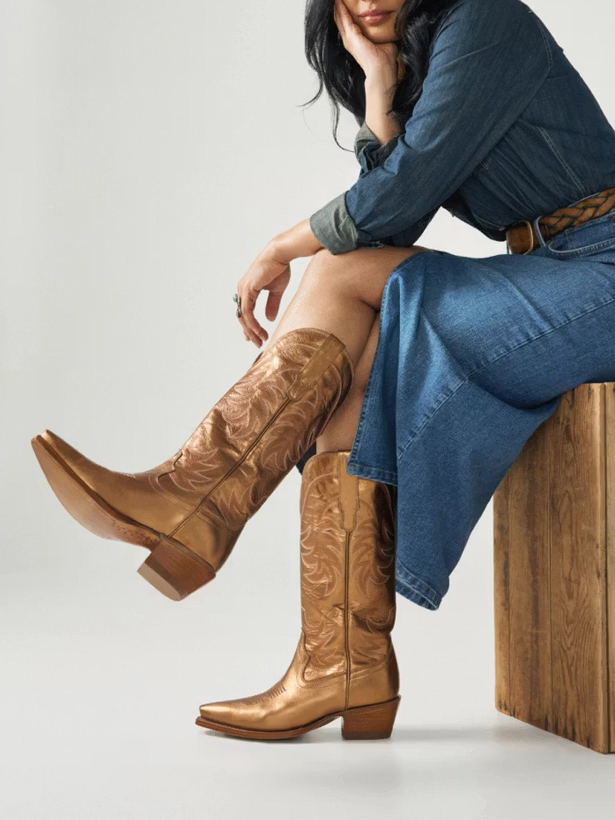 Metallic Copper Snip-Toe Embroidery Wide Calf Knee High Cowgirl Boots