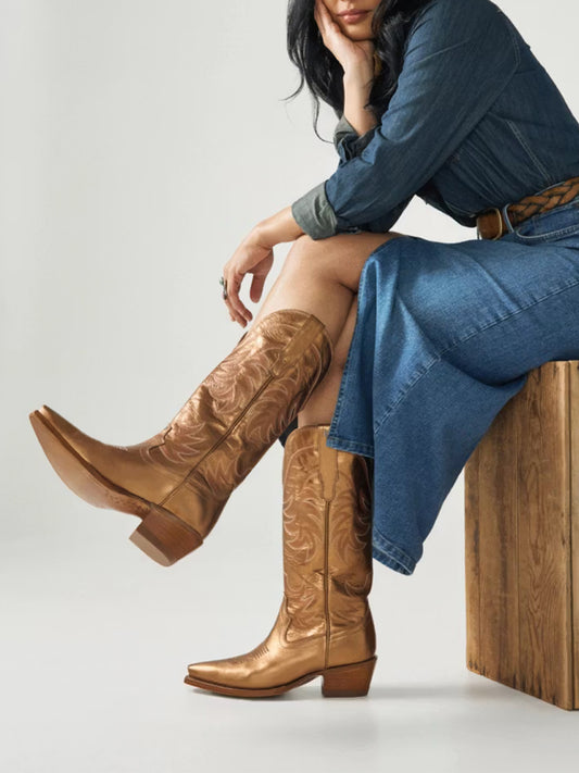 Metallic Copper Snip-Toe Embroidery Wide Calf Knee High Cowgirl Boots
