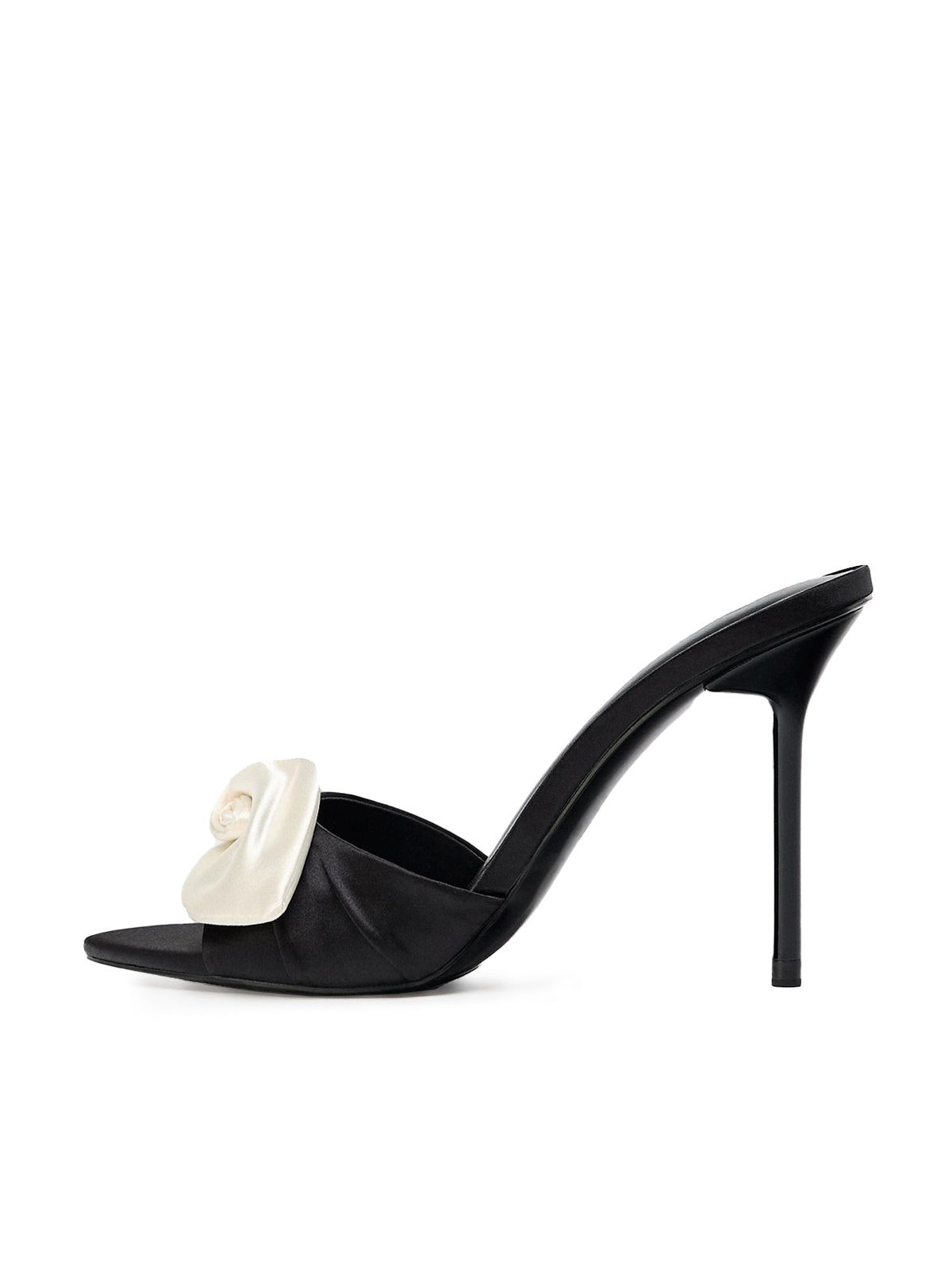 Black Satin Round-Toe Front Strap With Flower High Heels