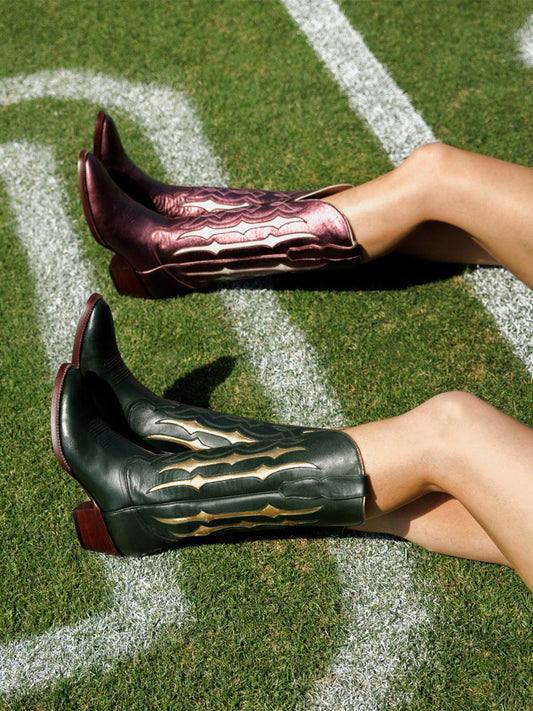 Green Contrast Metallic Gold Inlay Stitch Almond-Toe Wide Knee High Western Cowgirl Boots